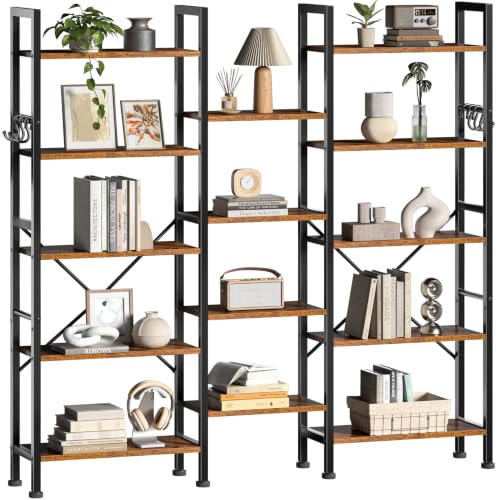 Image of Furologee Triple Column 5 Tier Bookshelf, Large Bookcase with 14 Display Shelves, Adjustable Book Shelf with 6 Hooks, Rustic Bookshelves Storage Organizer, Shelving Unit for Living Room, Bedroom