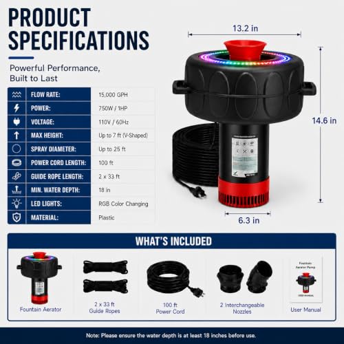 Image of Pond Fountain Aerator with Lights RGB Light 1HP 750W 110V Fountain