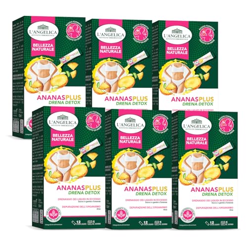 L'Angelica Integratore Ananas Plus Drena e Slim, Drenante Detox per Favorire la Depurazione dell'Organismo, Gusto Ananas, 12 Confezioni da 12 Stick Liquidi Pronti da Bere