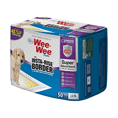 Image of Four Paws Wee-Wee Super Absorbent Unscented Pee Pads for Dogs & Puppies with Insta-Rise Border, Leak-Proof Dog Housebreaking Potty Training Floor Protection, 22 inch x 23 inch, 50 Count