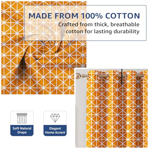 Image of Amazon Basics - Geometric Print Light Filtering Curtains | 100% Cotton 150 TC | Set of 2 | 5 Feet | 115 x 150 cm | Orange | Eyelets & Tiebacks | Ideal for Bedroom and Living Room