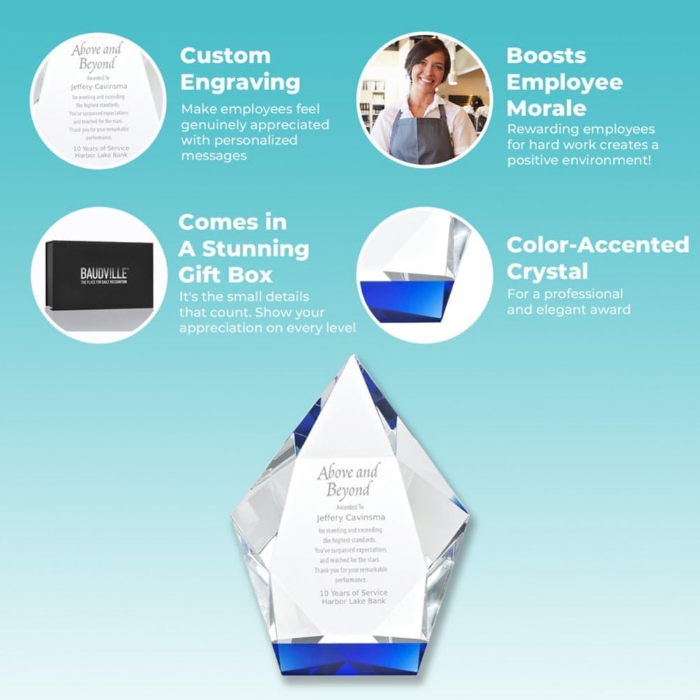 Baudville Engraved Trophy - Crystal - Blue at The Base - Award for Employees - Personalized Engraving - Comes in Gift Box