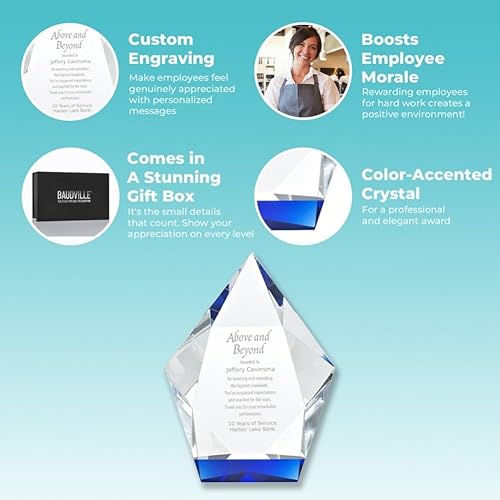 Miniatura 2 de Baudville Trofeo grabado  Cristal  Azul en la base  Premio para empleados  Grabado personalizado  Viene en caja de regalo
