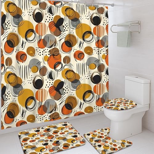 Juego de cortinas de ducha con círculos, modernas, contemporáneas, a rayas, lunares, color naranja otoño, tela impermeable, juego de cortinas de baño con alfombras para el hogar, baño, decoración de