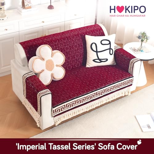 Image of HOKIPO 'Imperial Tassel Series' Thick & Soft Chenille Jacquard Sofa Cover 2 Seater Set for Seat, Back & Arms with Tassels, Royal Red (IN-1010 + IN-1012-I3*2)