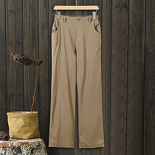 Gxlong Women Linen Capri Pants Button Cropped Pants Summer High Elastic Waist Capris Comfy Casual Work Trousers With Pockets(Khaki,Large) #TOP2