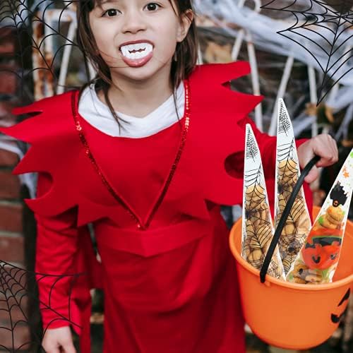 Crethink 100 Pcs Halloween Conical Cellophane Bag Pumpkin Clear Self Adhesive Cellophane Bag with 100 Orange and Silver Twist Ties for Kids Halloween Party Decorations