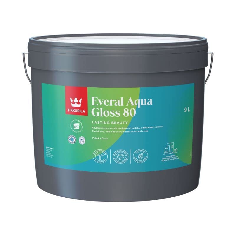 TIKKURILA Everal Aqua 80 - Gloss Paint For Wood & Metal - Fast Drying Acrylic Enamel - 10 Litres