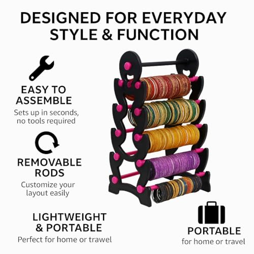 Image of Plastic Bangle Organizer Stand - Black with Pink | 24L x 20B x 43H cm | 5-Step 10-Section Display Rack | Bangle Storage Box for Women | Jewellery Display Stand & Chudi Holder