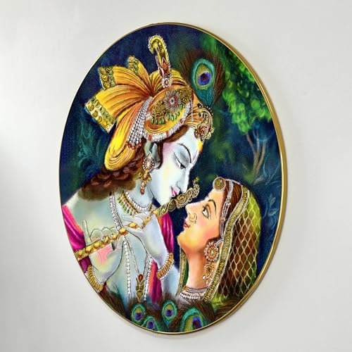 Image of PAINTINGMANTRA Radha Krishna Pichwai Art Round Large Wall Art Painting for Living Room Decoration, Circular Gold Metal Finish Stylish Large Wall Art Print for Wall Decor (22x22 Inches)