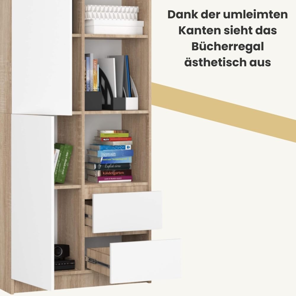 AKORD Büro-Bücherregal CLP 80 cm 7 Regale 2 Schubladen und Türen | für Dokumente Bücher für einen Schlafzimmerschrank Bücherregale Laminierte Platte 16 mm | Sonoma Eiche & Weiß Front