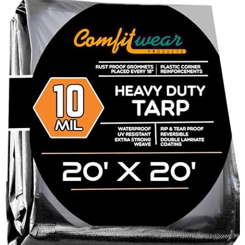 Comfitwear 20' x 20' Heavy Duty Silver/Black Waterproof UV Blocking 10 Mil Poly Tarp Camping Boating Outdoors Waterproof Tarp Cover