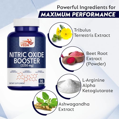 Image of Nitric Oxide Booster 2250mg with Arginine HCL, AAKG & L Citrulline| Pre Workout Supplement for Stamina, Strength, Endurance, Muscle Pump & Blood Flow - 90 Veg Capsules