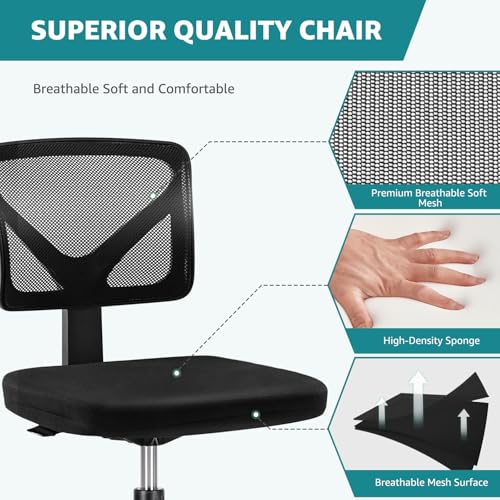 Image of OLIXIS Armless Office Chair, Ergonomic Desk Chair with Wheels, Mesh Back, Removable Washable Foam Cushion, Height Adjustable Rolling Swivel Chairs for Small Space, Home, Office, Black