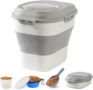 JOSUCLEN Dog Food Storage Container, Collapsible 50 lbs Large Pet Cat Food Container with Wheels, 25 lbs Airtight Kitchen Cereal Rice Storage with Transparent Lid, Folding Bowl, Measuring Cup, Spoon