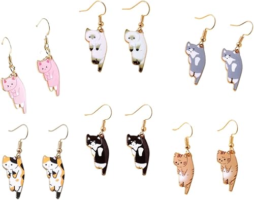 Miniatura 4 de 2-6 pares de bonitos aretes colgantes de gato Kawaii estéticos de dibujos animados de aleación de gatito para mujeres y niñas animales de peso