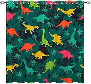 YUANZU Dinosaur Curtains - Kids Boys Colorful Fun Dino Jungle Animals Wildlife Print Pattern Eyelet Blackout Thermal Insulated & Room Darkening Window Drapes for Bedroom 2 Panels W117cm x D137cm