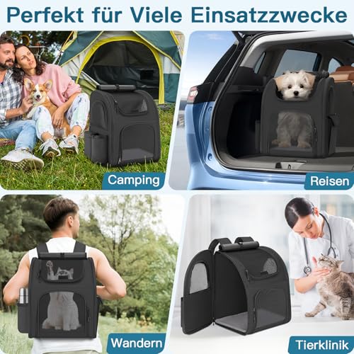 Hunderucksack bis 10kg, Haustier Rucksack mit Netzfenster, Faltbare Katzenrucksack Hunde Rucksack, Atmungsaktive und Leichte Dog Cat Backpack mit Innerer Sicherheitsleine und Haustiermatte - Schwarz