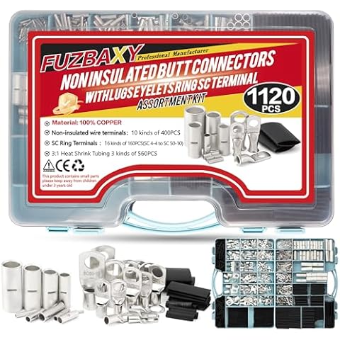 Fuzbaxy 1120PCS Non Insulated Butt Connectors, Lugs Eyelets Tubular Ring Terminal Connectors SC Terminals with Heat Shrink Tubing Assortment Kits（Silver） Cover