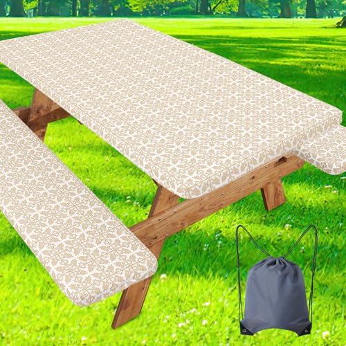 Image of misaya Picnic Table Cover with Bench Cover, Waterproof Elastic Fitted Tablecloth for 5 Foot Tables, Rectangle Washable Polyester Tablecloths for Picnic, Camping, Outdoor (Khaki, 30 inch x 60 inch)