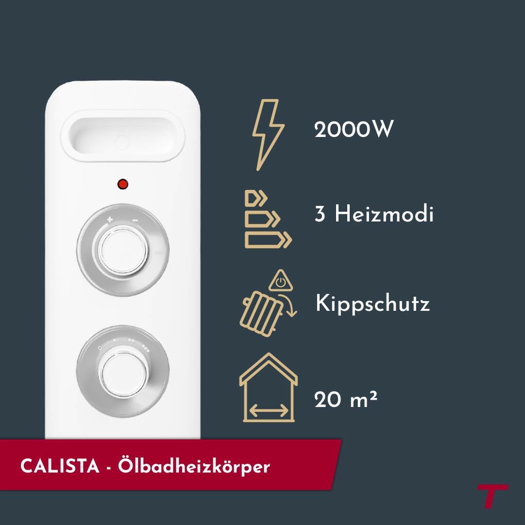 THOMSON - Mobiler Ölradiator CALISTA 2000W weiß, Kippschutz und Überhitzungsschutz, mit einstellbarem Thermostat, leise, mit Rollen