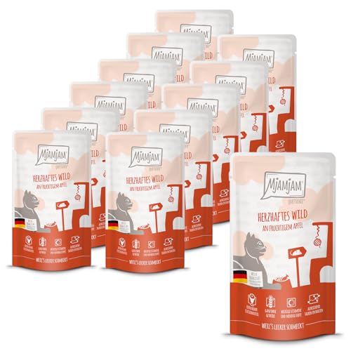 MjAMjAM - Comida húmeda premium para gatos - Quetschie - juego salado con manzana afrutada, pack de 12 (12x125g), sin cereales