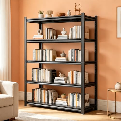 5 Tier Metal Bookshelf, 2 in 1 Adjustable Tall Bookcase, 1500LBS Heavy Duty Deep Book Shelf, Industrial Black Wide Bookshelf, Modern Bolt-Free Book Shelves for Bedroom, Living Room, 40"W x16"D x 63"H