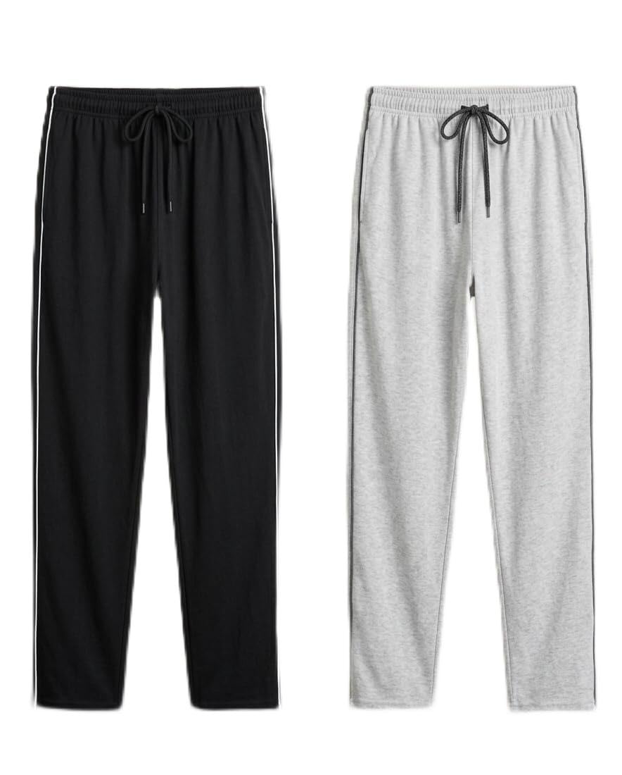 Men's Pyjama Bottoms with Side Stripe, Black and Grey, Cotton Blend, Elastic Waistband with Drawstring, Relaxed Fit, 2 Pack-image-40