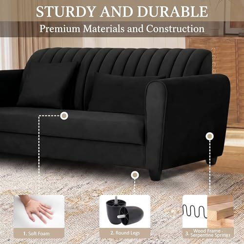 Image of Velvet 2 Seater Sofa, Chesterfield Tufted Sofa with Nailhead Trim, Rolled Arm Sofa with Wood Legs for Living Room & Office (Black)
