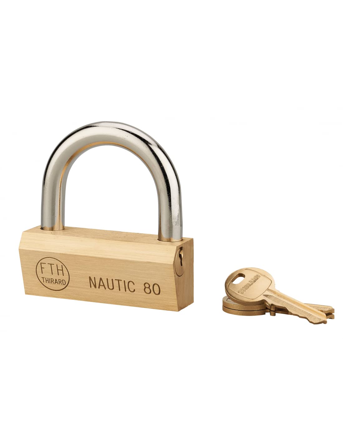 THIRARD - Cadenas à Clé Nautic 80 mm - Laiton Monobloc - Anse Acier Cémenté Nickelé - Pour Extérieur et Milieu Humide - 3 Clés Incluses - Mécanisme à Goupilles - Jaune/Doré