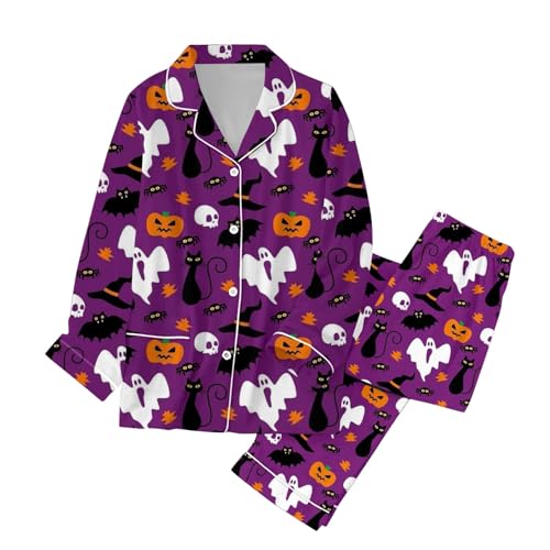 Halloween Schlafanzug Damen Bequemes Hausanzug mit Lustiger Halloween Print Weiche Loungewear Pyjama Set Langarm T-Shirt Top Und Hose Festliche...