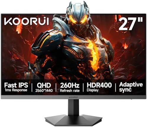 KOORUI 27 inch 1440p Gaming Monitor 2K QHD (2560x1440) 260Hz(Support 240hz) Refresh Rate,Fast IPS, 1ms,3-Sided Frameless,Adaptive Sync, VESA, Support DP & HDMI G2721X