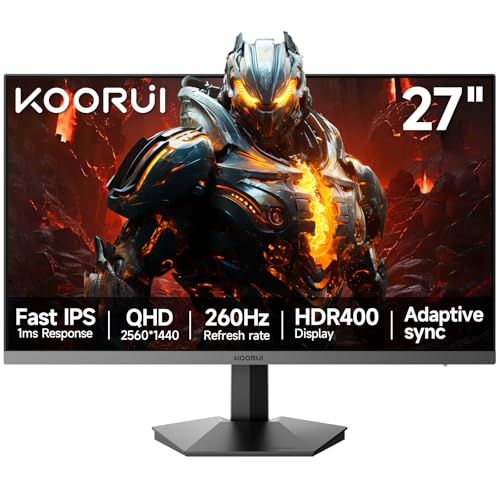 KOORUI 27 inch QHD Gaming Monitor 260hz/240hz, 1440p,HDR400,Fast IPS,2560X1440, 1ms, VESA Mountable, Adaptive Sync, HDMI & DP, 120% sRGB, Eye-Cared, G2721X