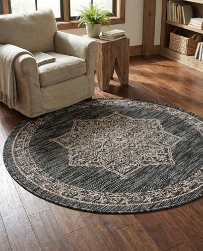 Rugs.com - Outdoor Traditional Rug – 4 Ft Round Charcoal Gray Indoor/Outdoor Rug Washable Stain-Resistant Flatweave for Patios, Decks, and Porches