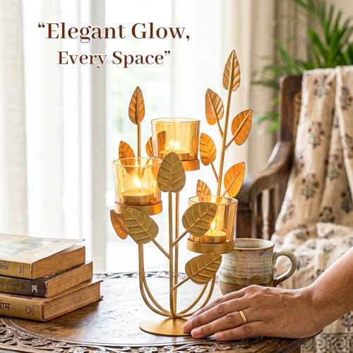 Image of MARKET 99 Metal & Glass 3-Votive Leaf-Shaped T-Light Holder | Romantic Golden Candle Stand for Valentine's Day Decor & Gifts | Decorative Centerpiece for Home, Table, Diwali, Wedding & Festive Use