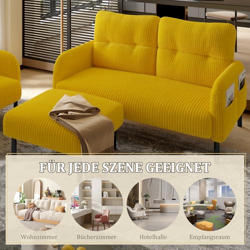 Cord 3er-Set Sessel + Hocker + 2-Sitzer Sofa mit Seitentasche Stahlrohrgestell & extraweiche Rückenlehne Tiefe Sitzfläche Modular kombinierbar für Wohnzimmer, Senfgelb – Bild 8