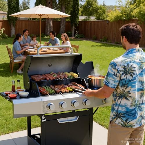 Image of EUHOME Upgraded 51,000 BTU 4-Burner Propane Gas Grill with Side Burner - Large 452 sq.in Porcelain-Enameled Cast Iron Grates, Stainless Steel Body, 4 Swivel Casters for Backyard Patio & Tailgating