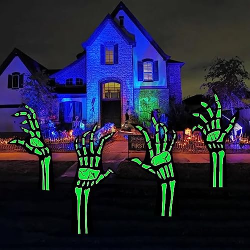 Halloween Yard Signs Glow in The Dark,4Pack Halloween Reflective Black Skeleton Hands,Lawn Yard Party Decorations,Yard Signs with Stakes Glow in The Dark (Nightlight Skeleton Hand 1)