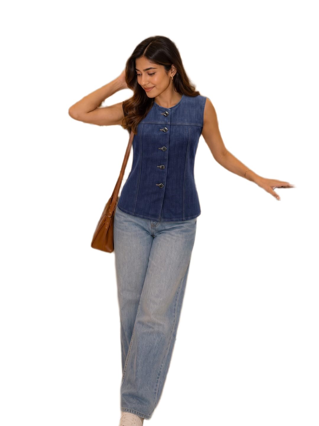 Indigo Denim Sleeveless Vest with Diamond Button Detail-picture-25