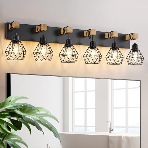 Farmhouse Vanity Light for Bathroom, 6-Light Wood Bathroom Vanity Light
