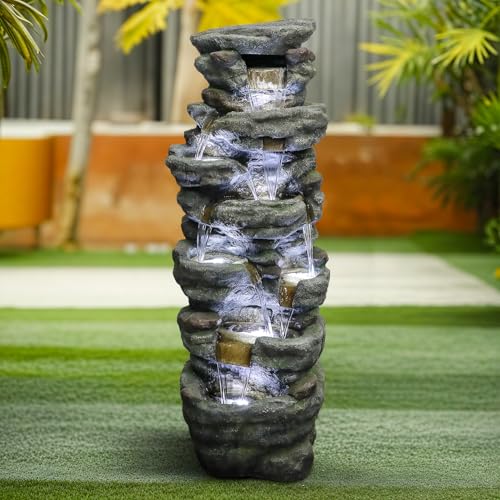 Image of SunJet 51 inch High Multi-Tiers Cascading Rock Outdoor Water Fountain with LED Lights - Large Outdoor Resin Fountains and Waterfalls for Garden or Patio, Yard, Deck Decor, Featuring Natural Stone Look