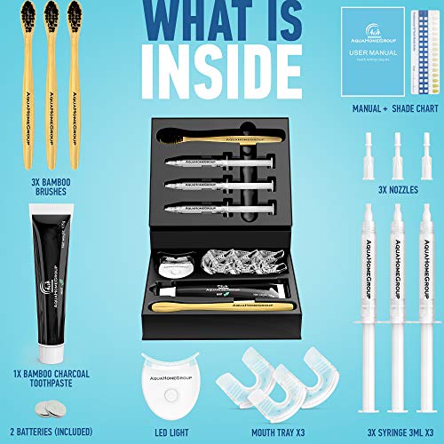 AquaHomeGroup Teeth Whitening Kit with LED Light - Snow Whitener Set with Charcoal Toothpaste and Brushes - Tooth Whitening System All in One Carbamide Peroxide 3 X 3ml Gel Syringes