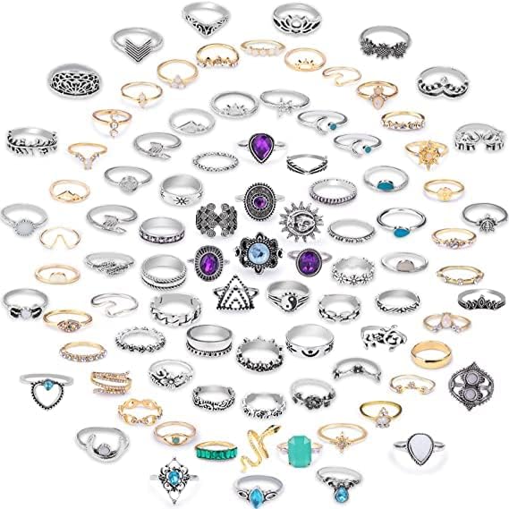 ttstar 92PCS Vintage Silver Gold Knuckle Rings Set for Teen Girls Women, Boho Stackable Joint Finger Rings Aesthetic, Gemstone Snake Crystal Stacking Midi Punk Hippie Rings Gift for Mother's Day