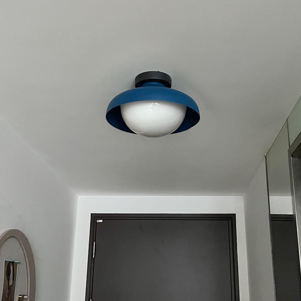 Mid-Century Modern Ceiling Light Blue Semi Flush Mount Ceiling Light Metal Dome Shaped Ceiling Lamp Scandinavian Hallway Light Fixture with Frosted Glass Shade for Bedroom Kitchen