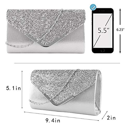 Image of Queena Womens Shiny Glitter Evening Clutch Envelope Handbag Chain Purse for Wedding Party Prom Gift for Mom Wife Girlfriend