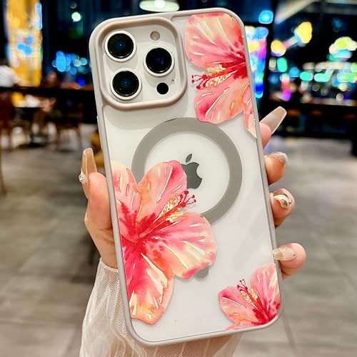 Coque iPhone 16 Pro MagSafe grise avec motif floral d'hibiscus pour femme