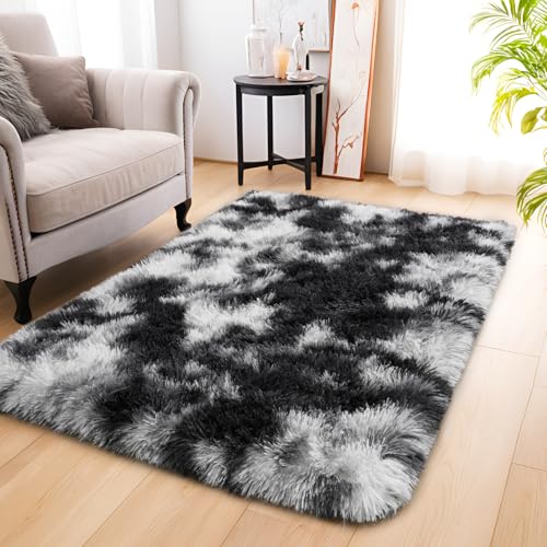 KING DARE Small Throw Rug 2x3 for Bedroom, Soft Non Slip Bedside Rug for Living Room Dorm, Shaggy Plush Carpet Modern Home Decor Aesthetic for Entrance Nursery Kids Room, Black and White