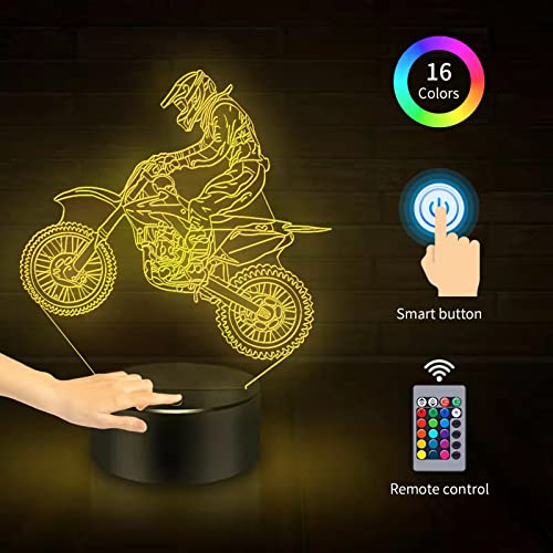 Image of BASSI Dirt Bike Gift 3D Night Light, 16 Colors Changes Remote Control Motorcycle Lamp, LED Dirtbike Decor Toys for Boys Girls Room Birthday Xmas for Kids