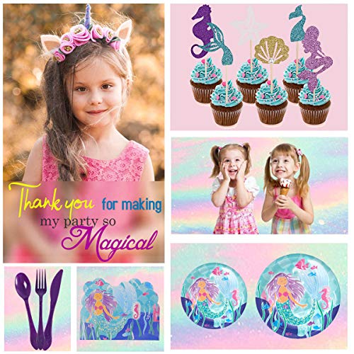 Mermaid Birthday Party Supplies Decorations Favors, Tablewares Serve 16 Guests, Tablecloth, Napkins, Invitation Cards for Under The Sea Theme Party Kit Decor For Girl's Baby Shower- 113 Pcs - Thumbnail 5