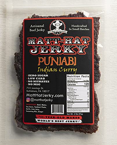 Matt-Hat Punjabi Indian Curry - Carne seca artesanal hecha con salsa de soja, pasta tandoori y carne halal, baja en carbohidratos y sin gluten, sin